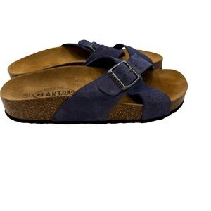 Plakton Women's Blue Leather Comfort Slip On Slide Sandals Sz US 8-8.5 NEW